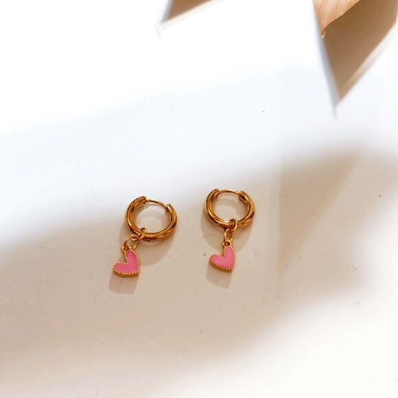 Pink heart hoop earrings S333 - Picture 1 of 3